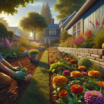 Layered summer border mixing annuals and perennials with warm golden sunlight